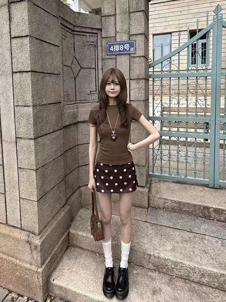 핫걸 도트 무늬 반신 치마 세트 여성용 짧은 소매 티셔츠 투피스 세트 이미지 3
