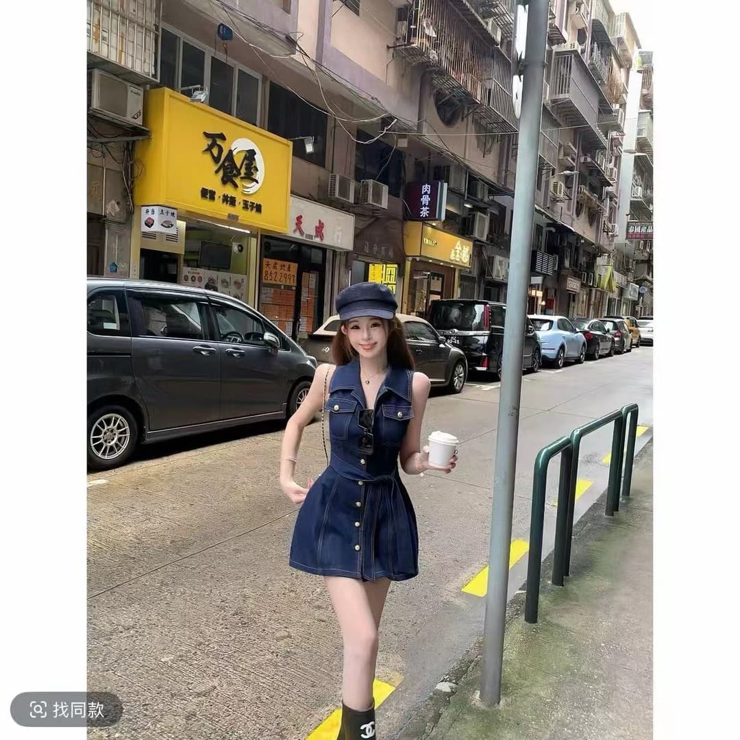 2026 아메리칸 레트로 핫걸 데님 세트 여성 여름 민소매 POLO 칼라 데님 스커트 이미지 5