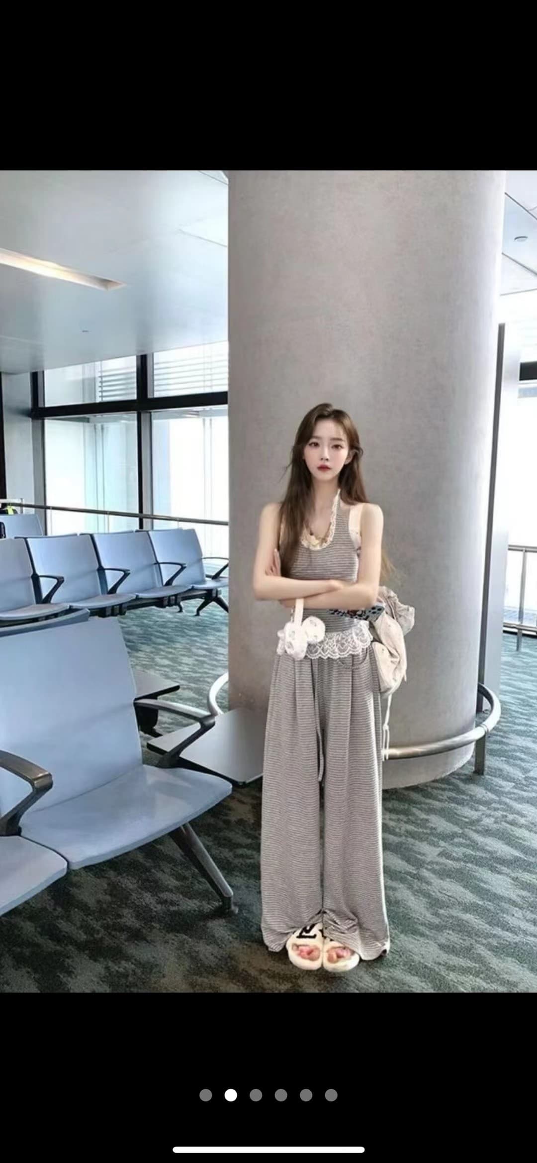 회색 스트라이프 V넥 행침 목 맨위 핫걸 와이드 레그 팬츠 어린이 패션 투피스 세트 상세 이미지 2