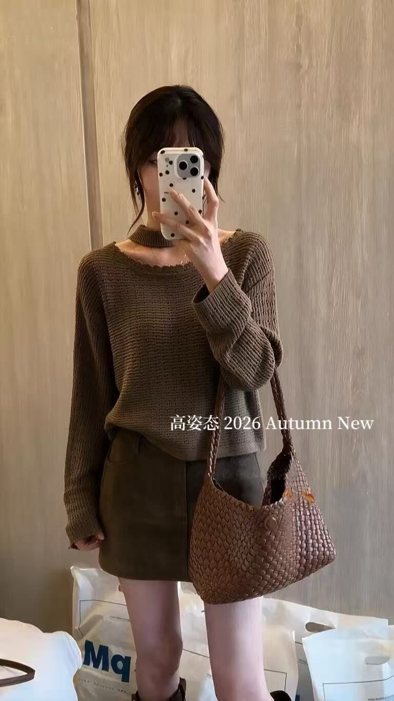 가을 한 부서 레트로 느긋한 행침 목 비스듬한 칼라 오프숄더 홀로우 아웃 니트 스웨터 여자 허리 수축 자외선 차단 블라우스 이미지 3