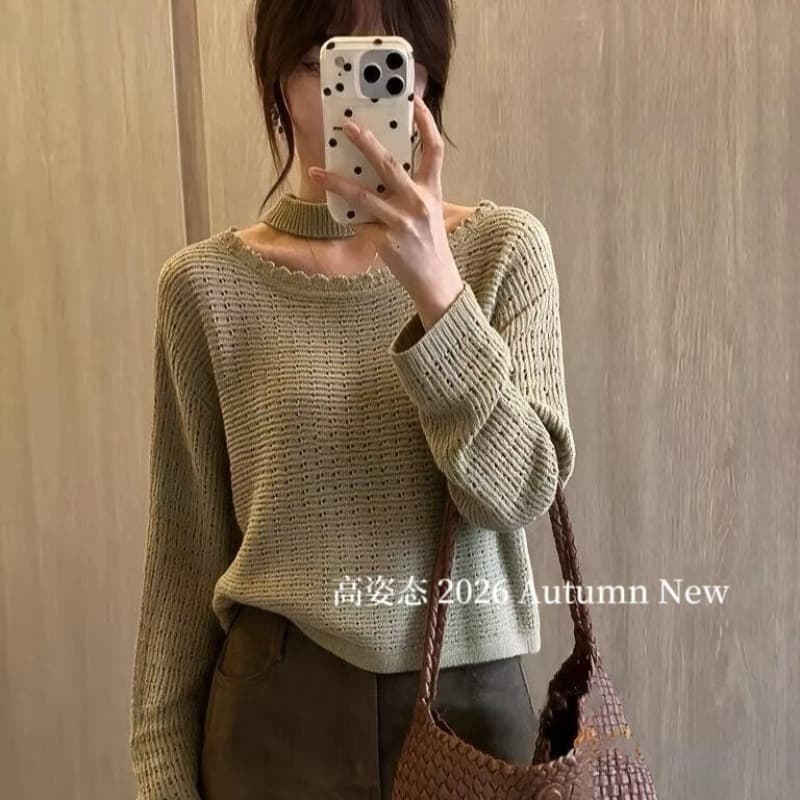 가을 한 부서 레트로 느긋한 행침 목 비스듬한 칼라 오프숄더 홀로우 아웃 니트 스웨터 여자 허리 수축 자외선 차단 블라우스 이미지 5