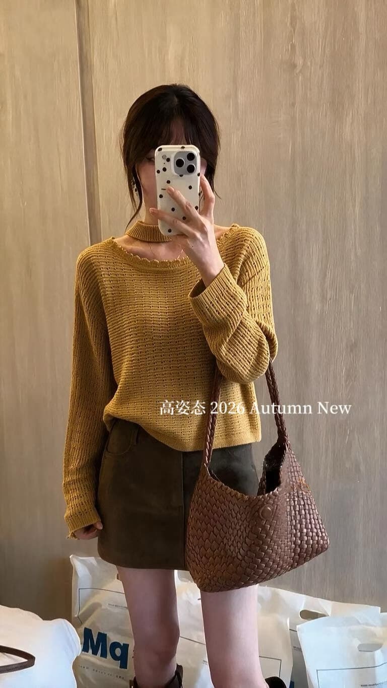 가을 한 부서 레트로 느긋한 행침 목 비스듬한 칼라 오프숄더 홀로우 아웃 니트 스웨터 여자 허리 수축 자외선 차단 블라우스 상세 이미지 2