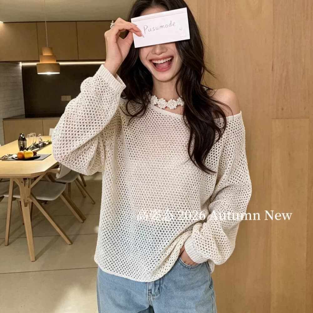 가을 한 부서 레트로 느긋한 행침 목 비스듬한 칼라 오프숄더 홀로우 아웃 니트 스웨터 여자 허리 수축 자외선 차단 블라우스 이미지 5