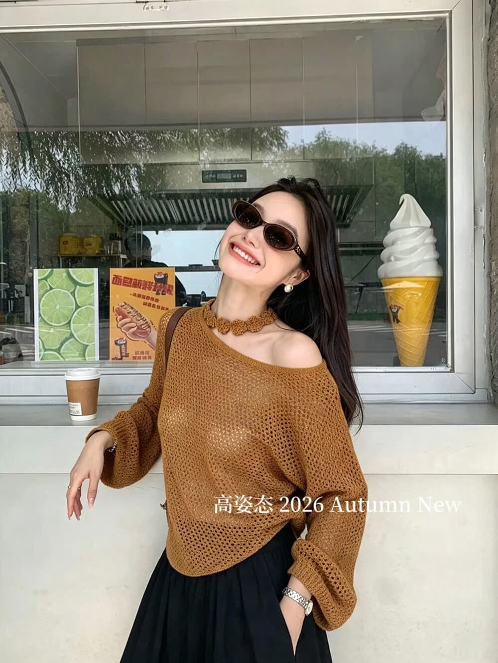 가을 한 부서 레트로 느긋한 행침 목 비스듬한 칼라 오프숄더 홀로우 아웃 니트 스웨터 여자 허리 수축 자외선 차단 블라우스 상세 이미지 7