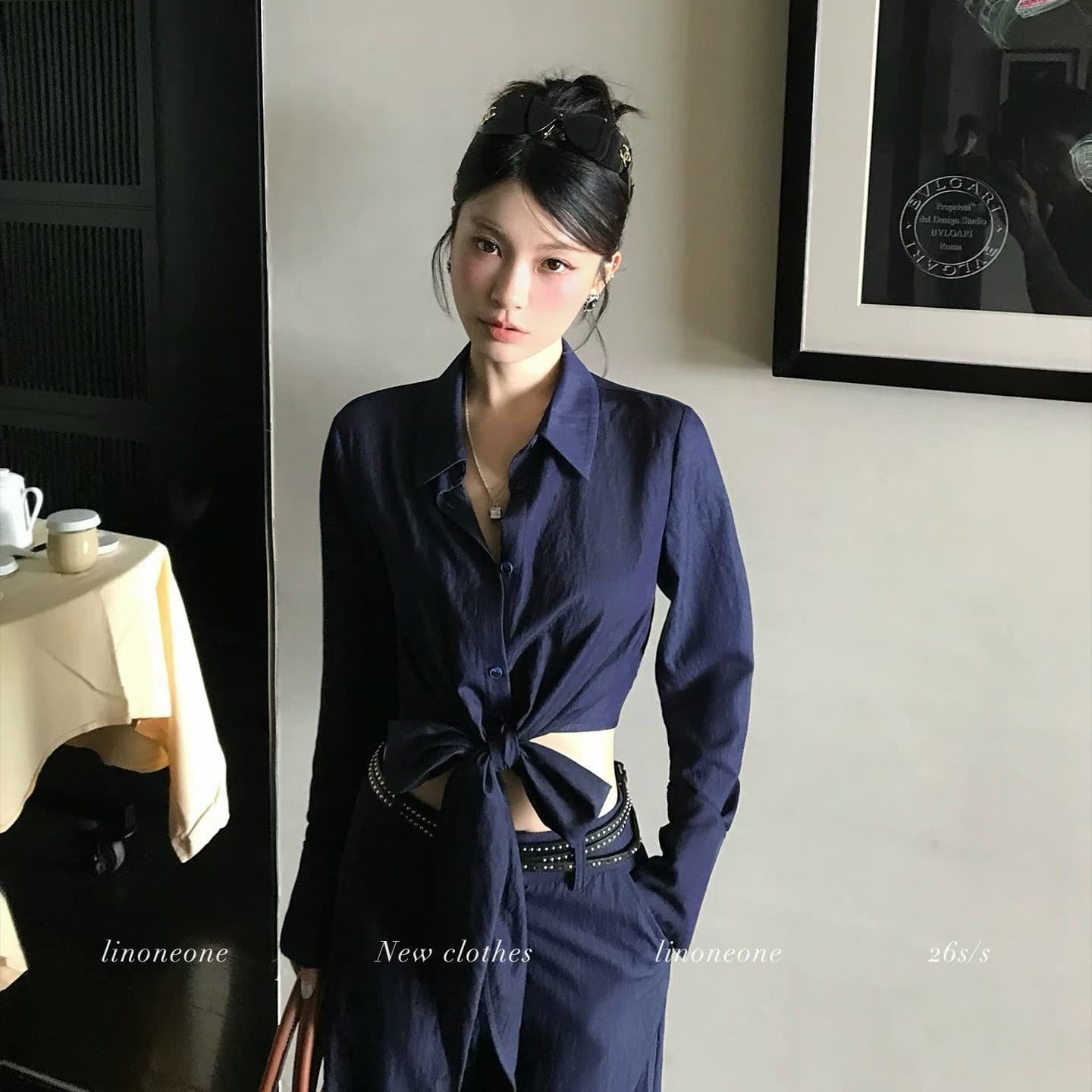 데님 블루 폴로 칼라 스트랩 부서 매듭 긴팔 셔츠 넓은 다리 캐주얼 바지 세트 이미지 5