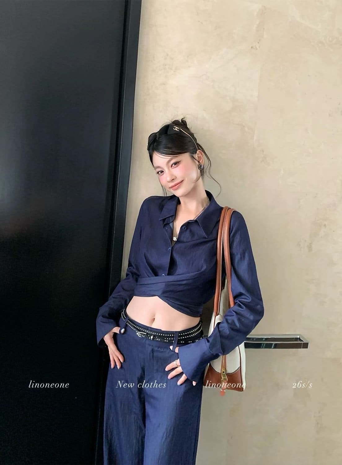 데님 블루 폴로 칼라 스트랩 부서 매듭 긴팔 셔츠 넓은 다리 캐주얼 바지 세트 상세 이미지 6