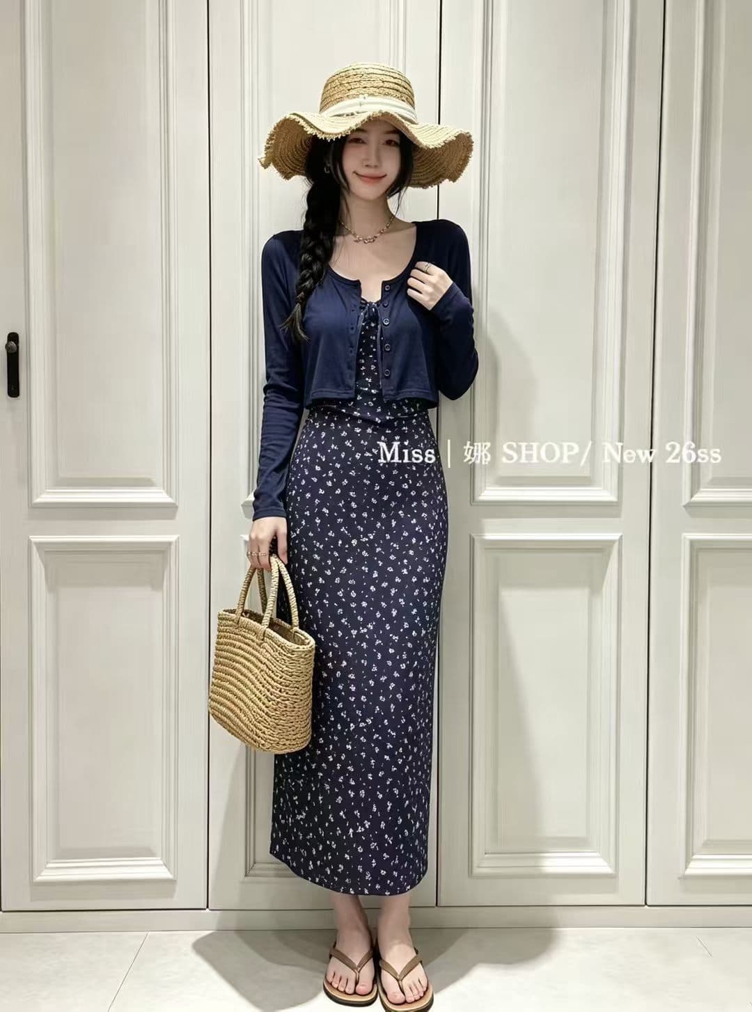 프랑스식 차 휴식 파란색 슬립 드레스 긴팔 오픈 가디건 가을 해변가 꽃무늬 치마 세트 상세 이미지 10