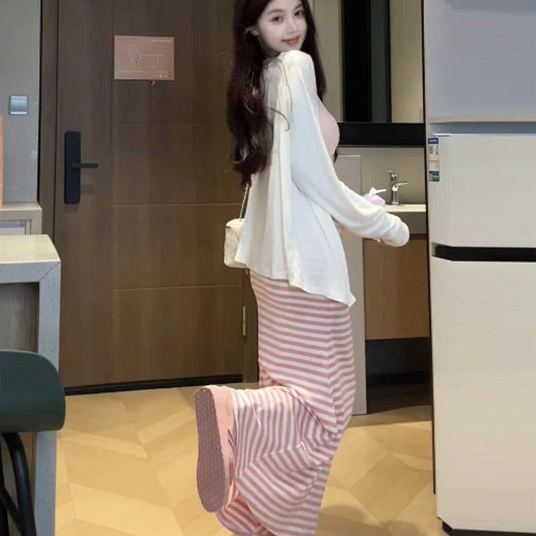 새로운 한 부서 패션 작은 청신 오픈 가디건 슬립 허리밴드 스트라이프 반신 스커트 3 세트 이미지 5