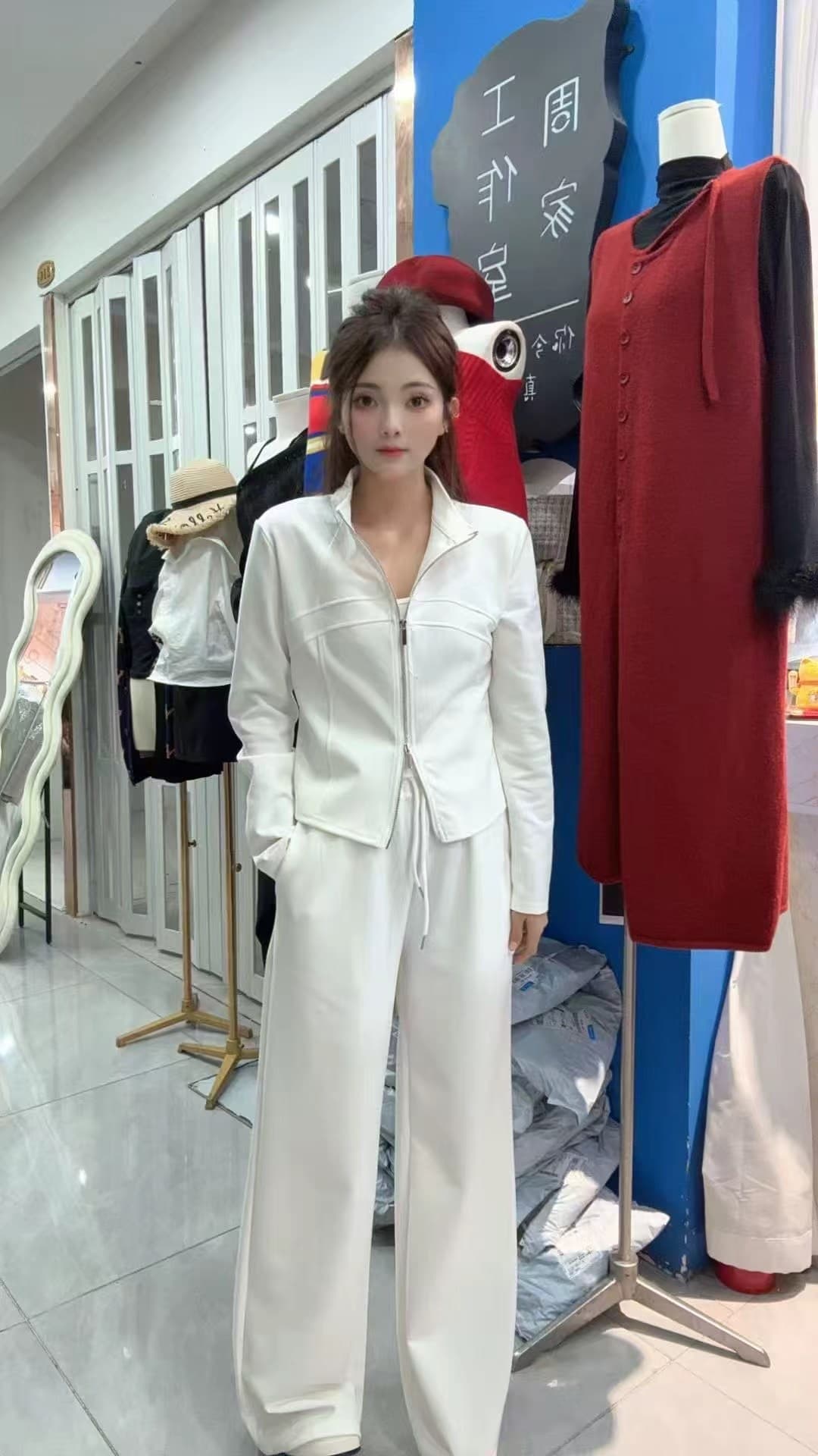 가을 겨울 새로운 패션 캐주얼 운동 다용도 스탠드 칼라 오픈 가디건 지퍼 투피스 세트 이미지 2