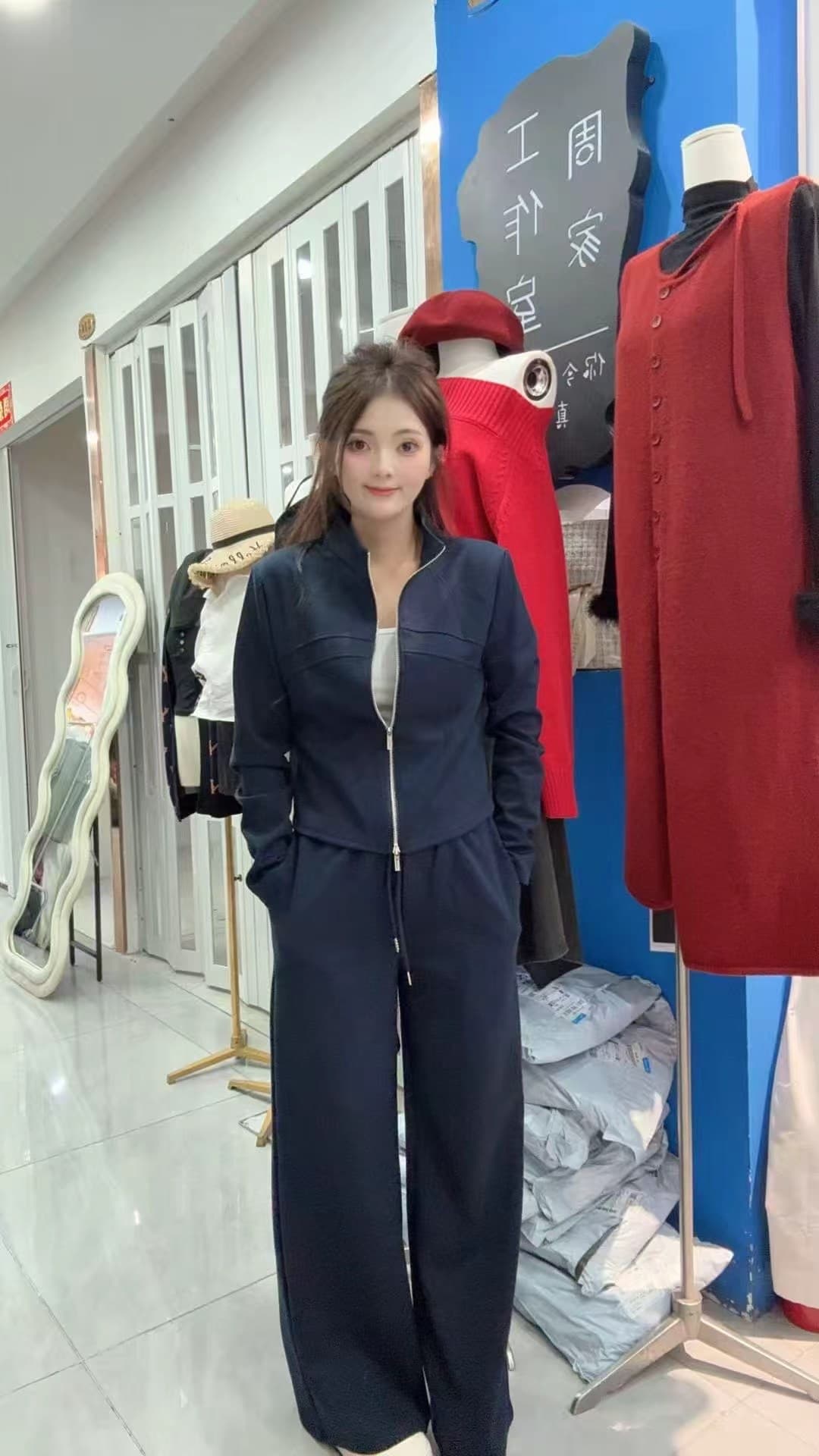 가을 겨울 새로운 패션 캐주얼 운동 다용도 스탠드 칼라 오픈 가디건 지퍼 투피스 세트 상세 이미지 4
