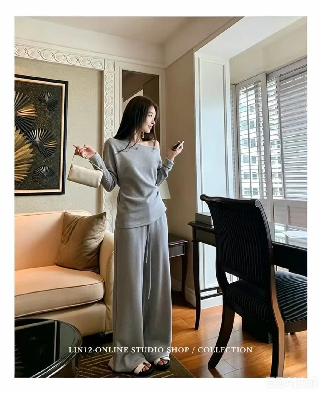 비스듬한 어깨 후드티 투피스 세트 삼색 꽃 회색 해군 커피 색상 루즈핏 라운드 넥 긴팔 캐주얼 세트 상세 이미지 4