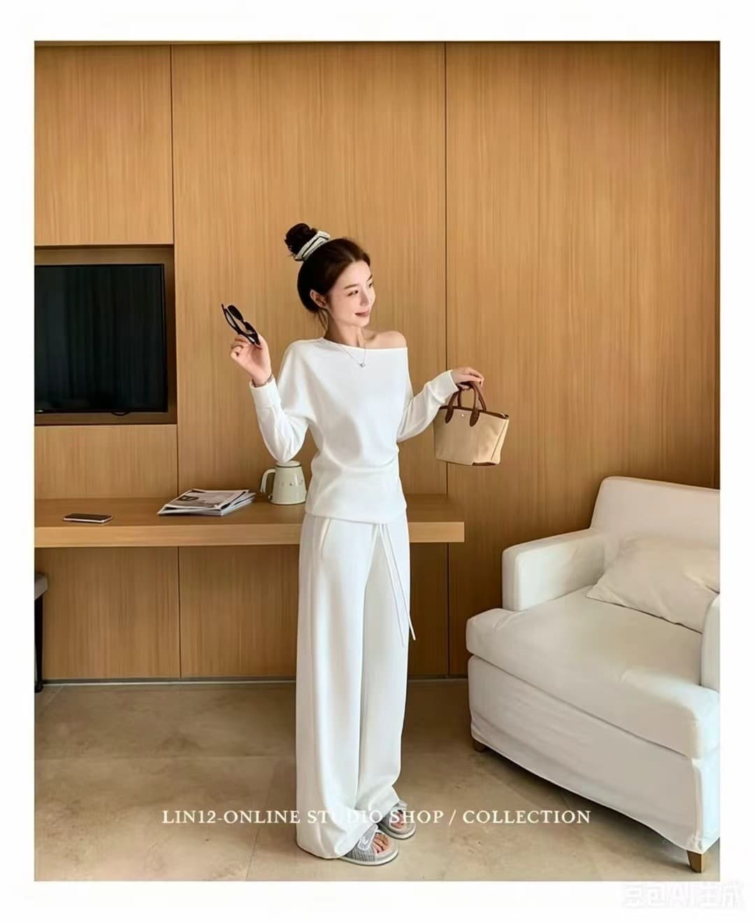 비스듬한 어깨 후드티 투피스 세트 삼색 꽃 회색 해군 커피 색상 루즈핏 라운드 넥 긴팔 캐주얼 세트 상세 이미지 9