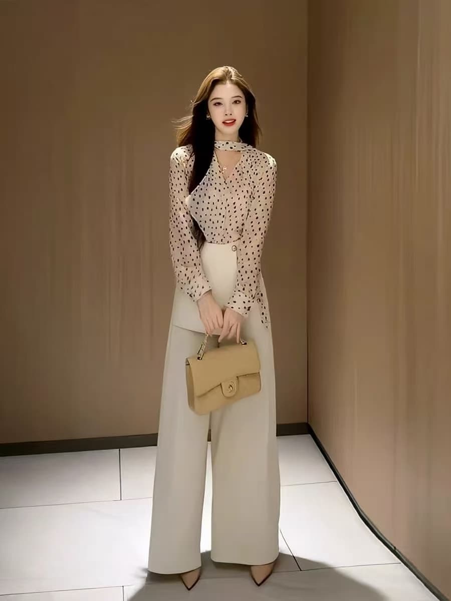 2026 년 새로운 가을 도트 무늬 리본 긴팔 셔츠 와이드 레그 팬츠 여자 디자인 센스 프랑스식 투피스 세트 세트 이미지 3