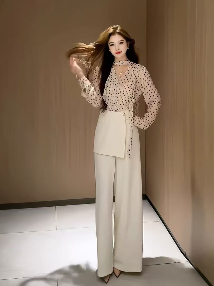 2026 년 새로운 가을 도트 무늬 리본 긴팔 셔츠 와이드 레그 팬츠 여자 디자인 센스 프랑스식 투피스 세트 세트