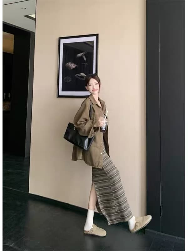 2026 가을 새로운 느긋한 바람 POLO 칼라 긴팔 데님 재킷 캐주얼 스트라이프 슬립 드레스 투피스 세트 상세 이미지 4