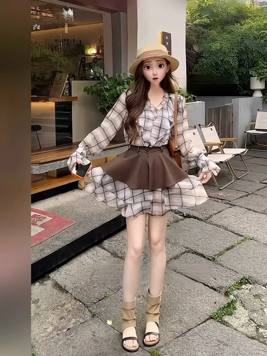 패션 부드러운 레트로 체크무늬 프릴 허리 수축 드레스 2026 가을 새로운 슬림해 보이는 다용도 치마 투피스 세트 이미지 2
