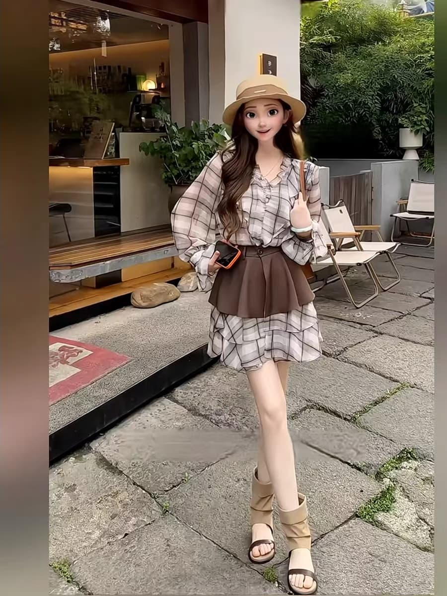 패션 부드러운 레트로 체크무늬 프릴 허리 수축 드레스 2026 가을 새로운 슬림해 보이는 다용도 치마 투피스 세트 이미지 3