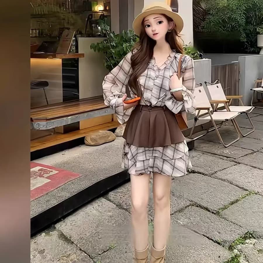 패션 부드러운 레트로 체크무늬 프릴 허리 수축 드레스 2026 가을 새로운 슬림해 보이는 다용도 치마 투피스 세트 이미지 5