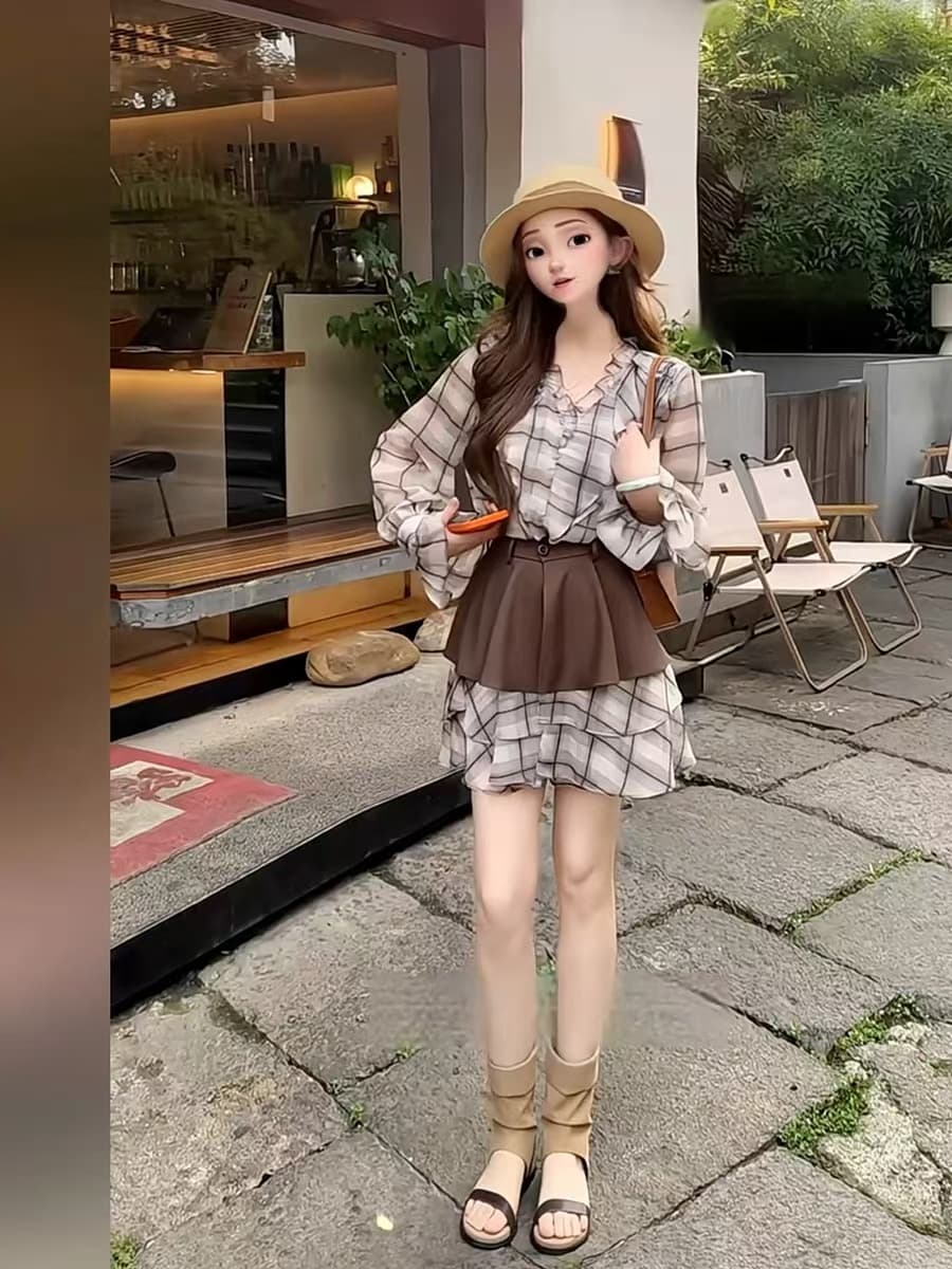 패션 부드러운 레트로 체크무늬 프릴 허리 수축 드레스 2026 가을 새로운 슬림해 보이는 다용도 치마 투피스 세트 상세 이미지 1