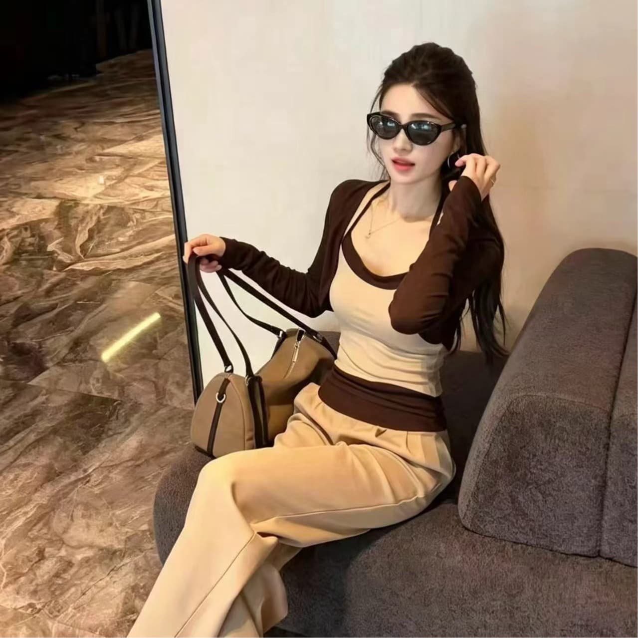 한국 스타일 2026 년 가을 새로운 배색 캐미솔 긴팔 오픈 가디건 플러스 긴 바지 세트 이미지 5
