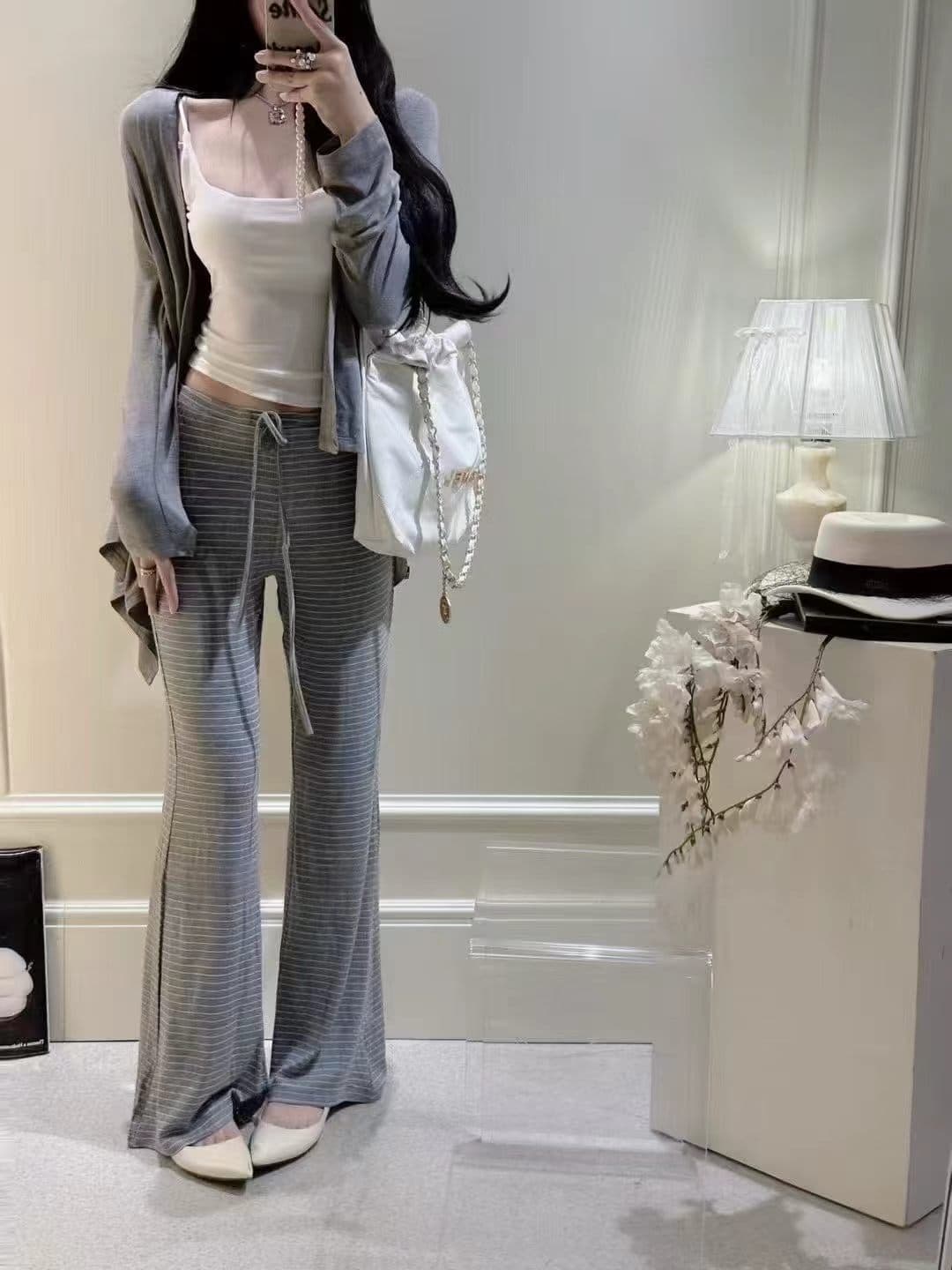 새로운 패션 다용도 미니멀리즘 단색 오픈 가디건 다용도 슬립 펌프 로프 스트라이프 캐주얼 바지 3종 세트 상세 이미지 1