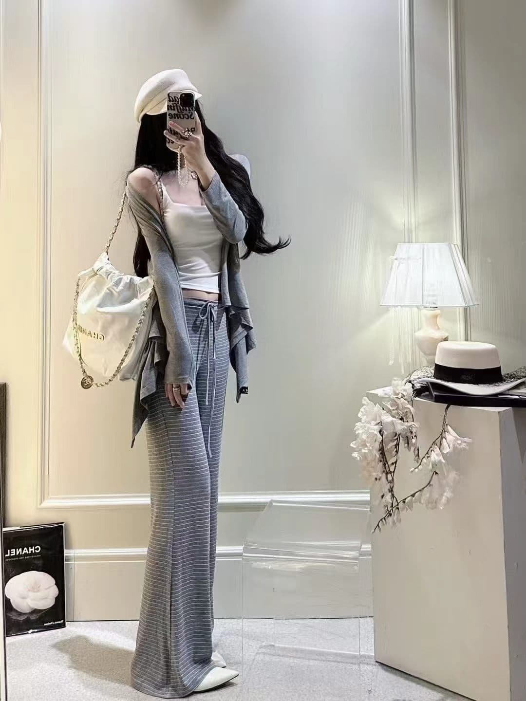 새로운 패션 다용도 미니멀리즘 단색 오픈 가디건 다용도 슬립 펌프 로프 스트라이프 캐주얼 바지 3종 세트 상세 이미지 2