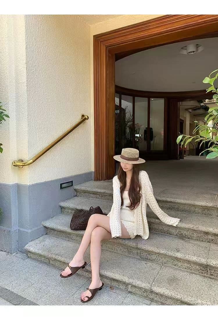2026 캐주얼 세트 느긋한 다용도 긴팔 카디건 코트 행침 목 민소매 맨위 홀로우 아웃 반바지 3종 세트 이미지 4