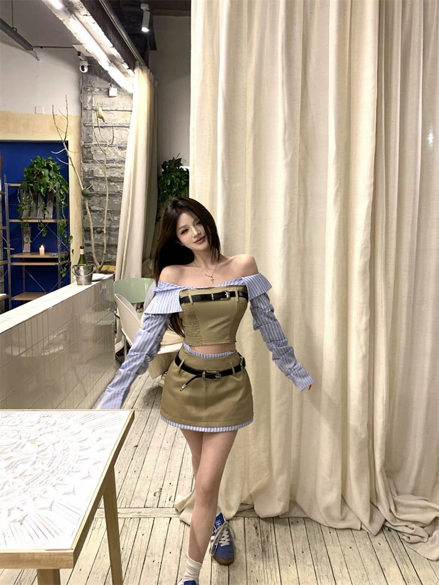 차가운 바람의 소리 달콤한 자매 디자인 센스 품격 패션 세트 여성 가을 새로운 맨위 반 스커트 투피스 세트 상세 이미지 4