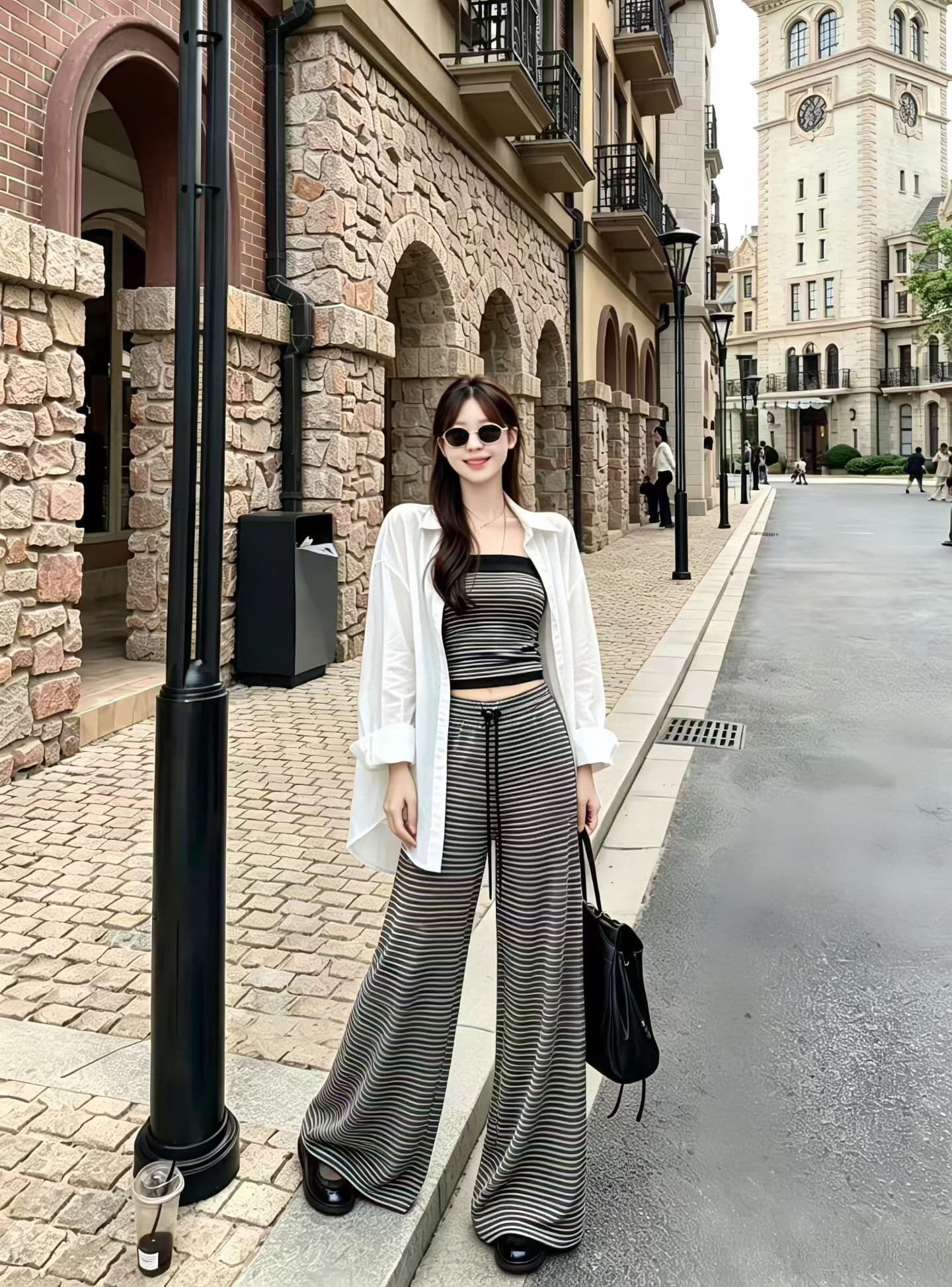 새로운 한국 스타일 패션 스트라이프 슬립 핫걸 스트랩 조끼 캐주얼 바지 자외선 차단 오픈 가디건 여성 레저 3종 세트 상세 이미지 3