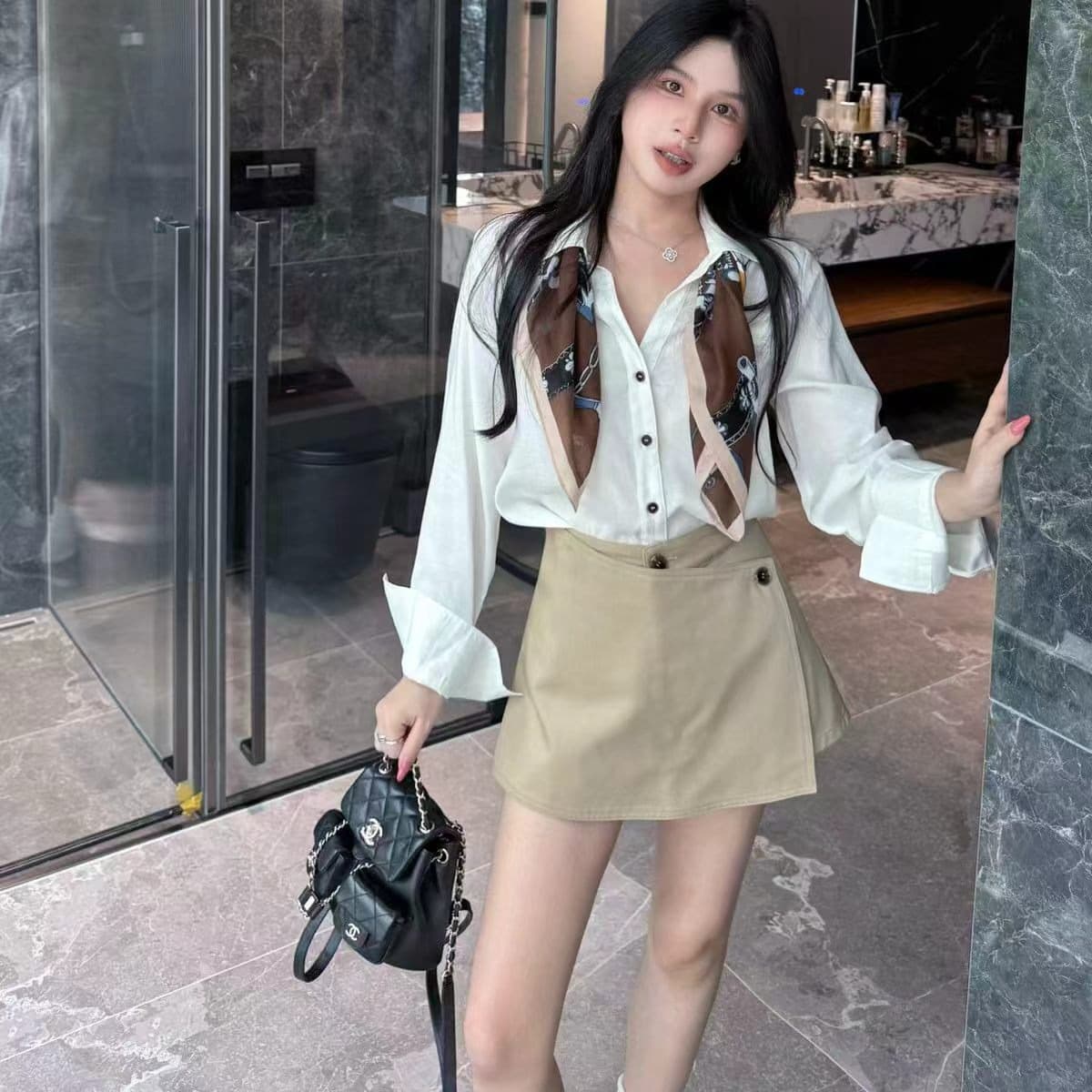 가을 한국 스타일 품격 스카프 코디 셔츠 반신 스커트 세트 조립 스카프