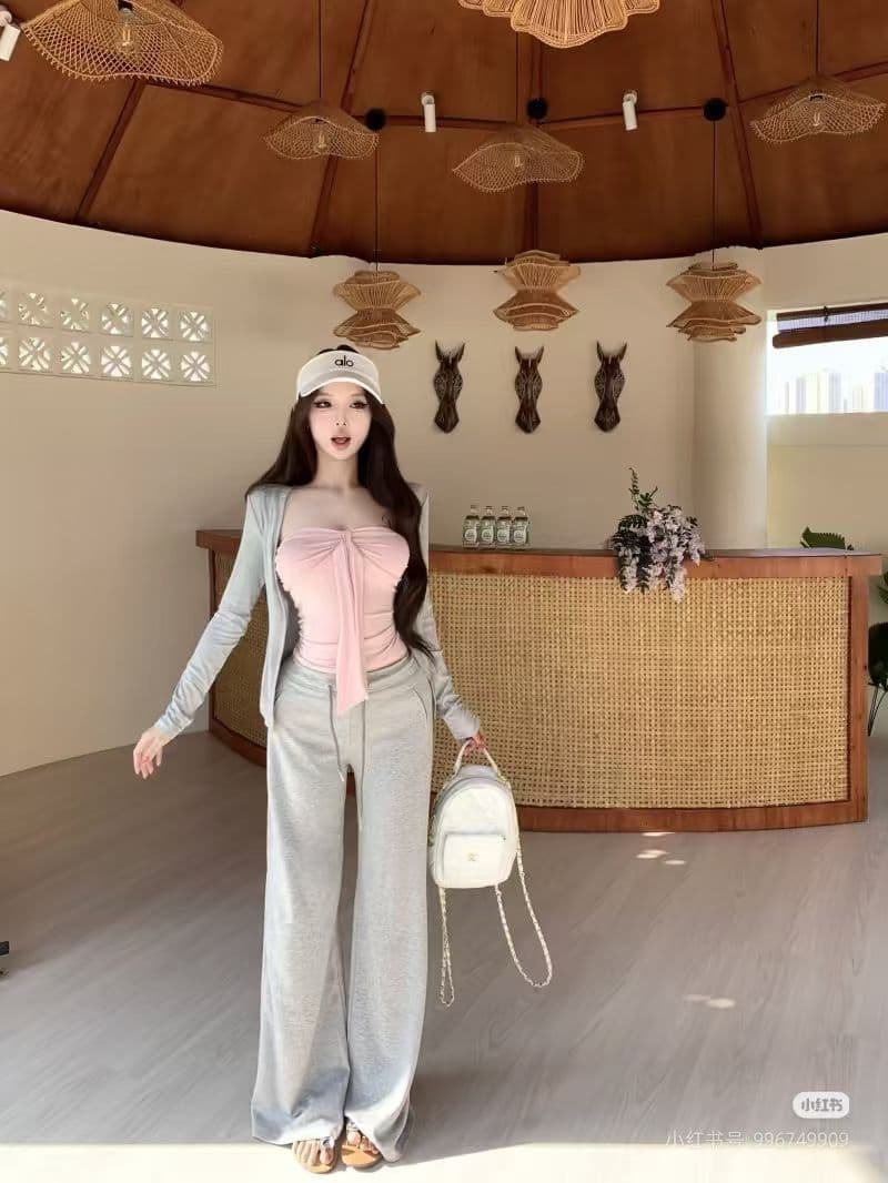 새로운 한 부서 달콤함 배색 스트라이프 튜브탑 조끼 오픈 가디건 허리밴드 스트라이프 캐주얼 바지 3종 세트 이미지 4