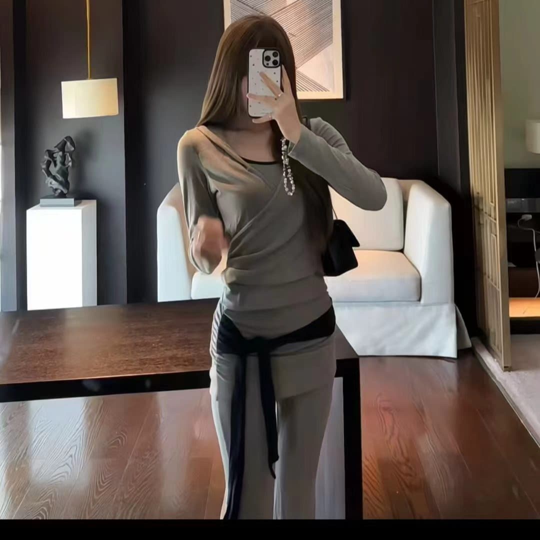 낮은 네크라인 디스플레이 가슴 행침 목 캐미솔 십자가 V넥 스트랩 오픈 가디건 긴팔 맨위 캐주얼 긴 바지 투피스 세트 이미지 5