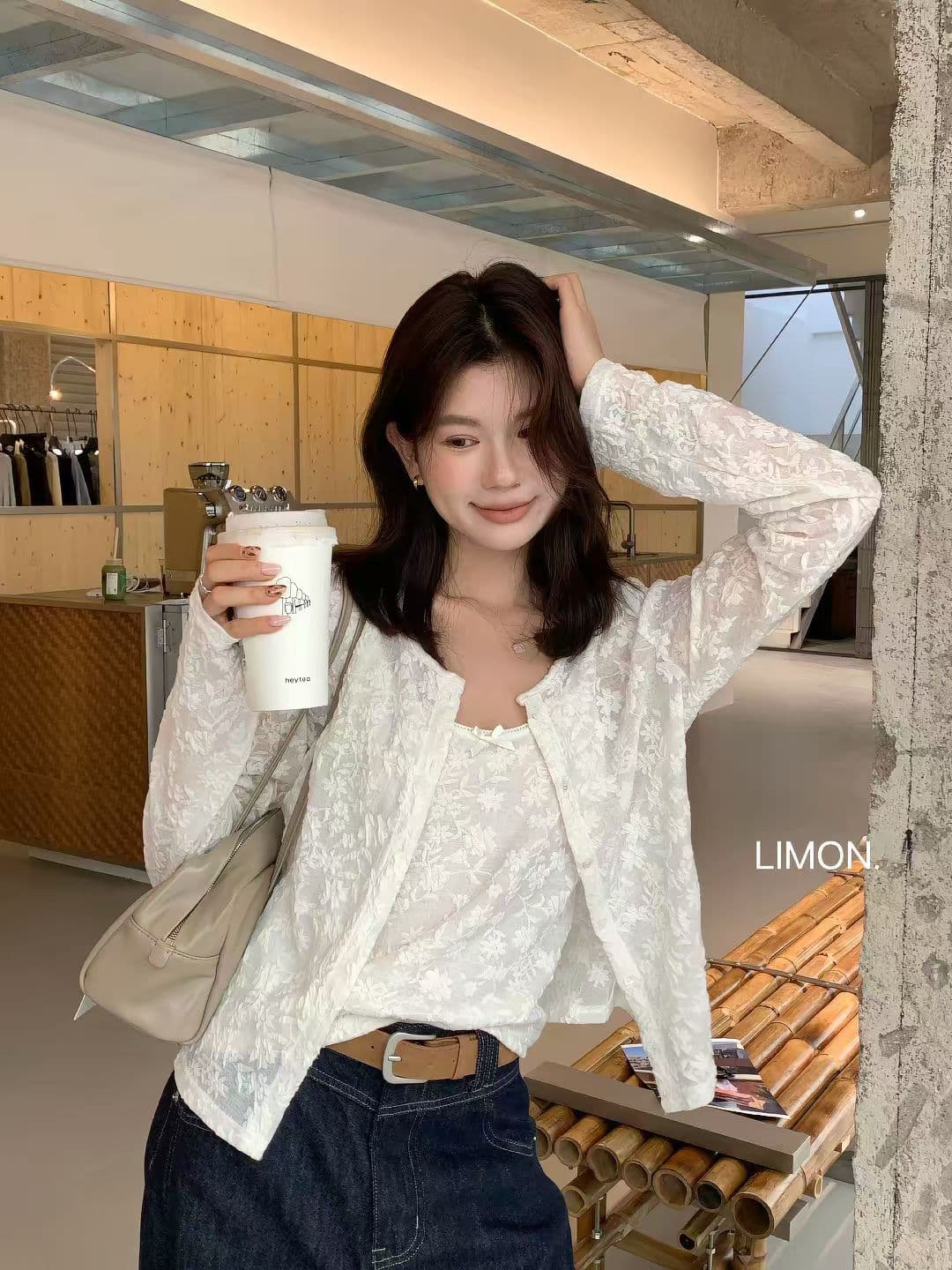 한 부서 무거운 작업 자카드 레이스 캐미솔 긴팔 오픈 가디건 두 조각 여성 세트 이미지 2