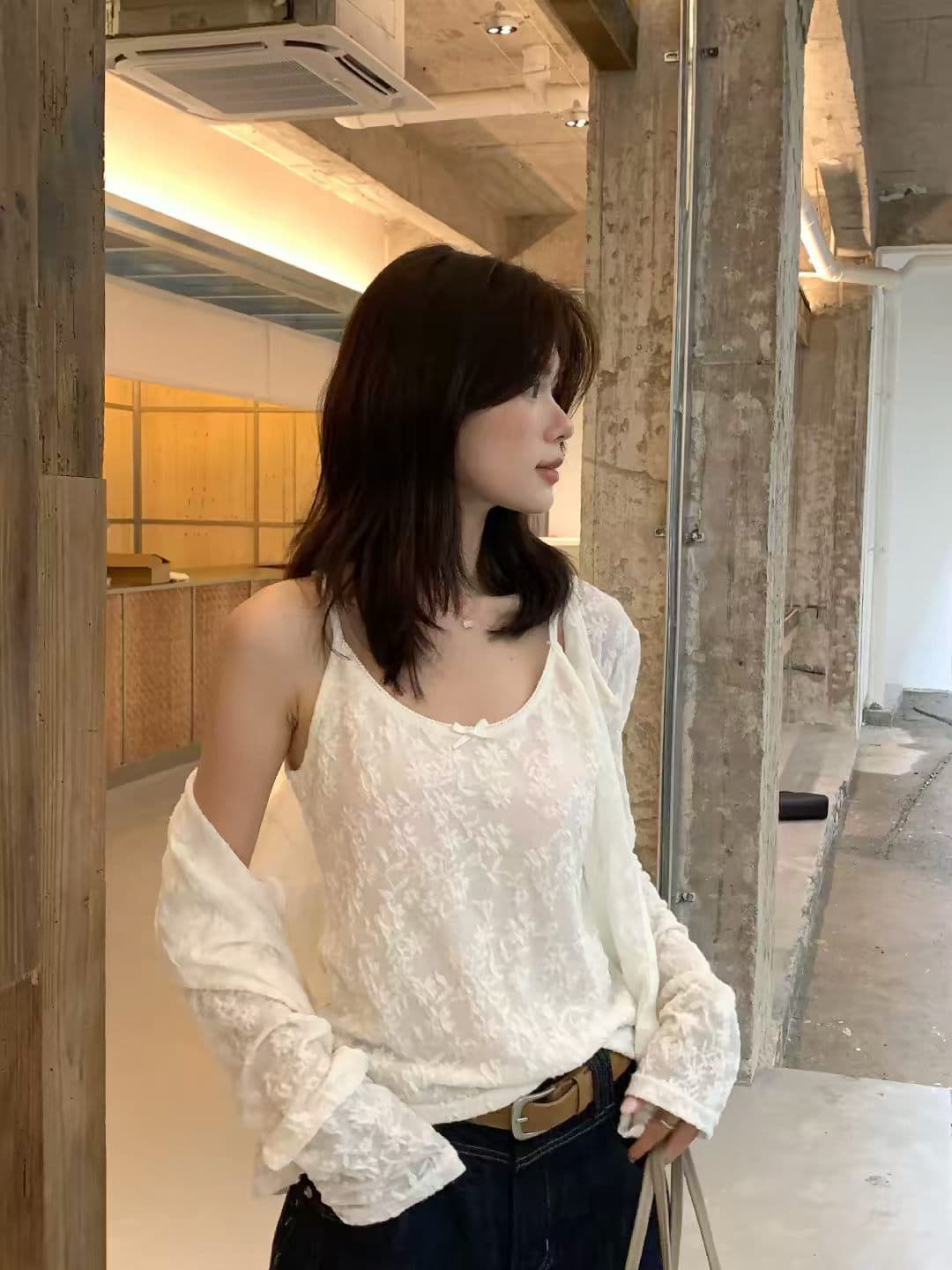 한 부서 무거운 작업 자카드 레이스 캐미솔 긴팔 오픈 가디건 두 조각 여성 세트 이미지 4