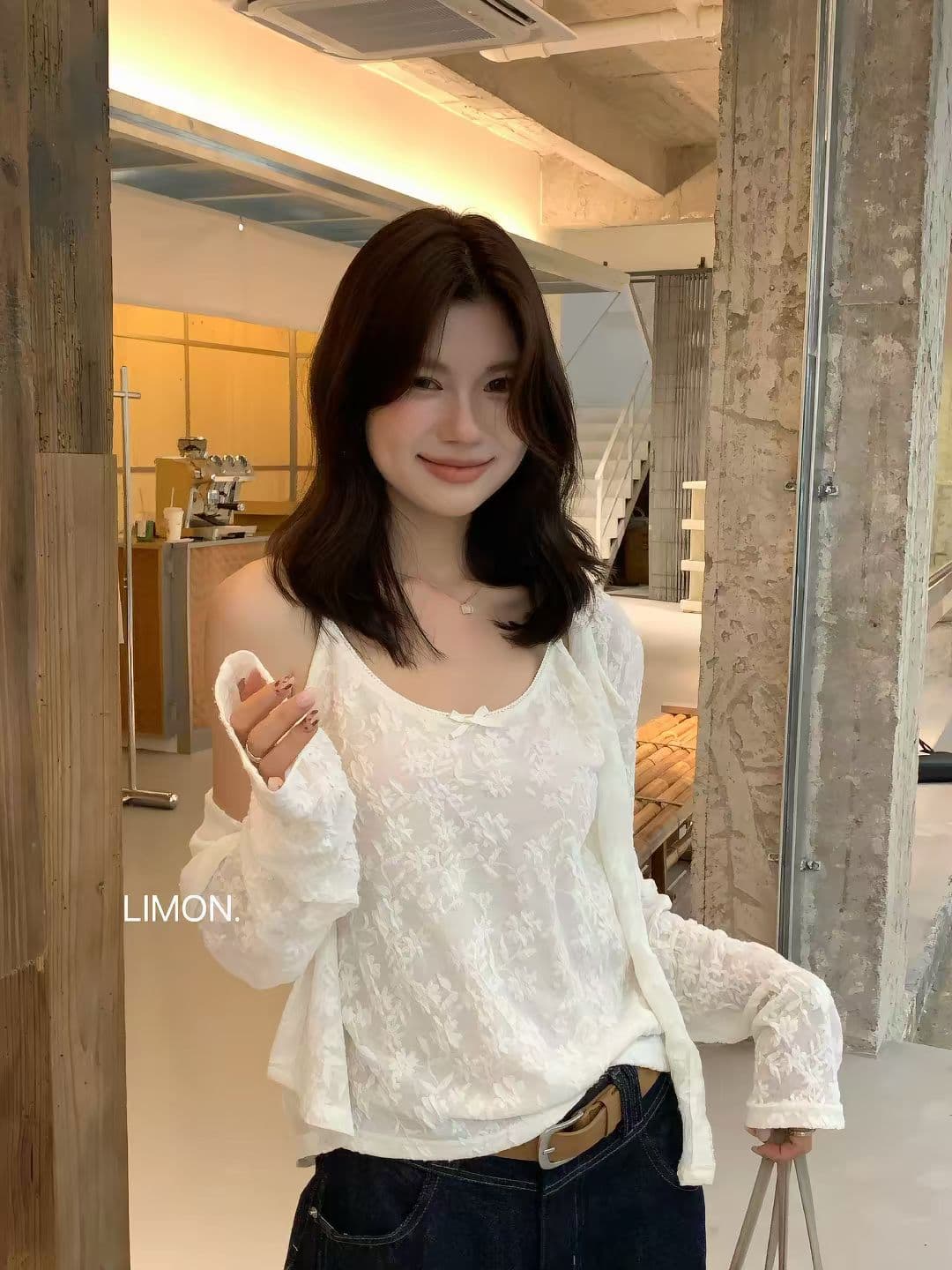 한 부서 무거운 작업 자카드 레이스 캐미솔 긴팔 오픈 가디건 두 조각 여성 세트 상세 이미지 3