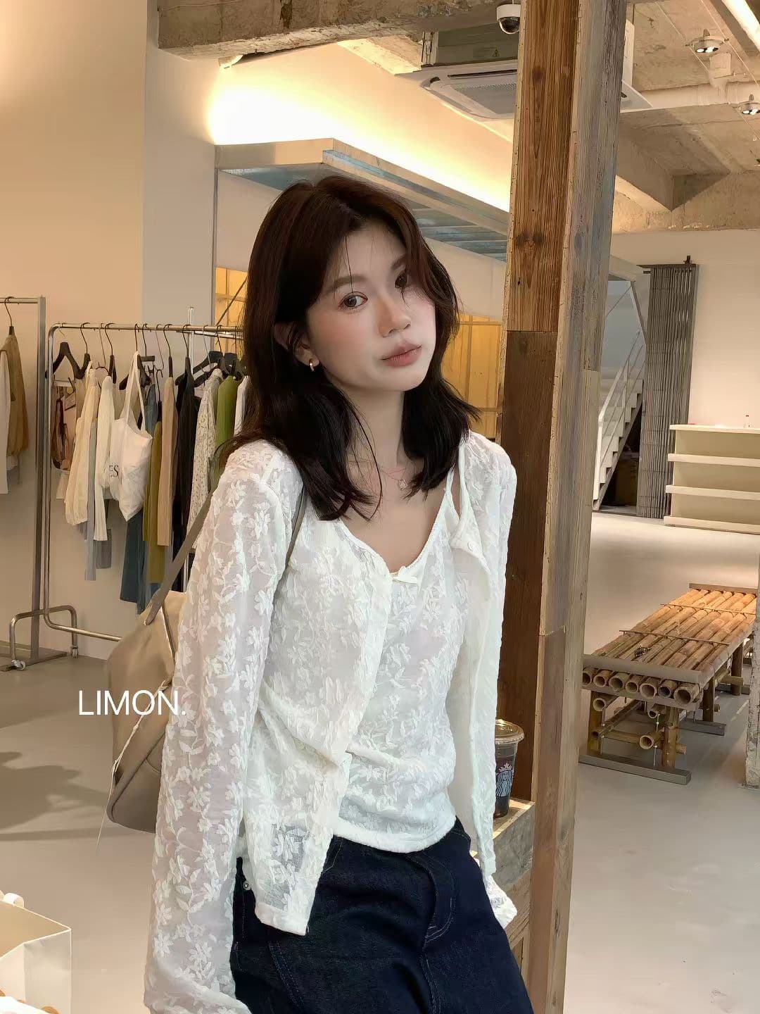 한 부서 무거운 작업 자카드 레이스 캐미솔 긴팔 오픈 가디건 두 조각 여성 세트 상세 이미지 4