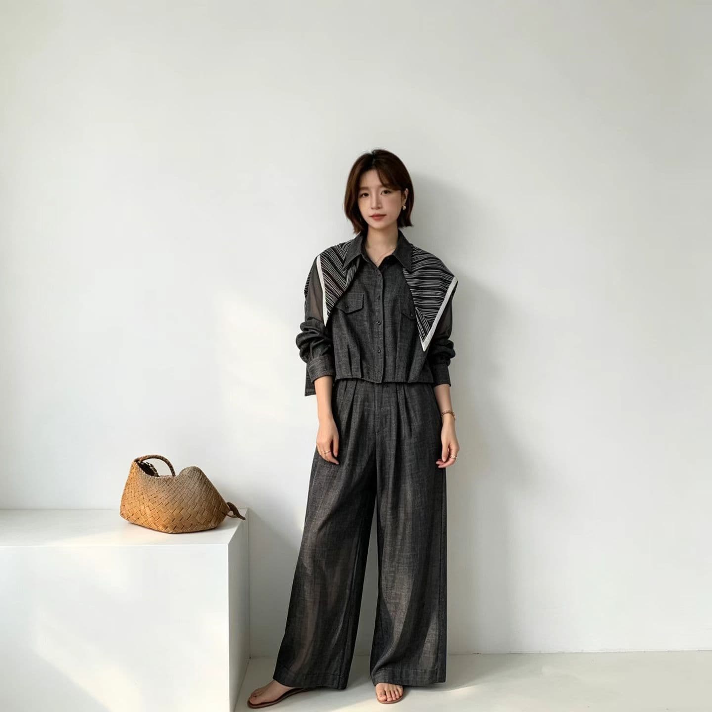새로운 고급 센스 레트로 폴로 칼라 다용도 셔츠 Chic 허리 인감 와이드 레그 팬츠 세트 상세 이미지 5