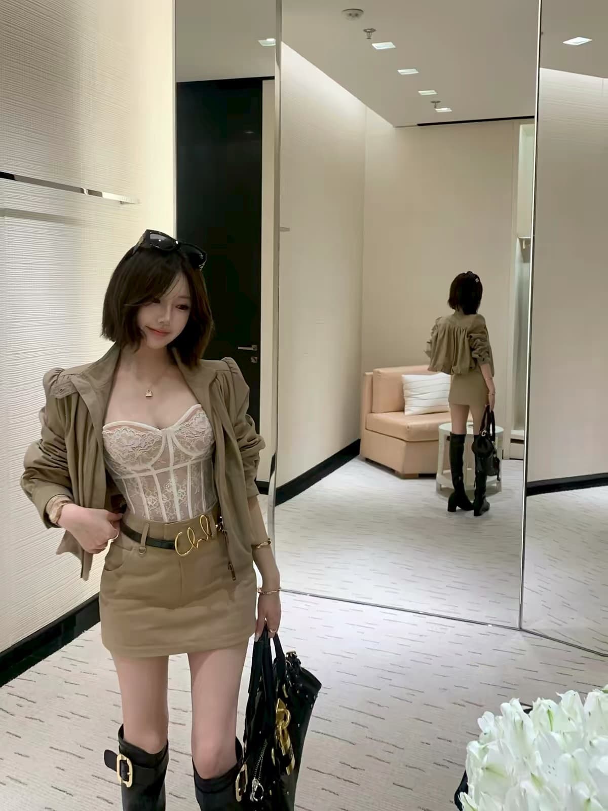 2026 가을 서있는 자르다 스타일 핀치 Pleat 바람막이 레이스 튜브탑 반 스커트 3종 세트 상세 이미지 1
