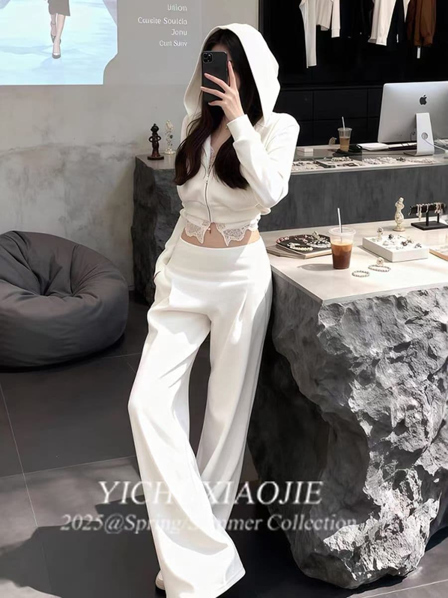 작은 샤넬 스타일 세트 여성 가을과 겨울 패션 다용도 고급 센스 후드 티 스웨터 재킷 캐주얼 와이드 레그 팬츠 투피스 세트 상세 이미지 9