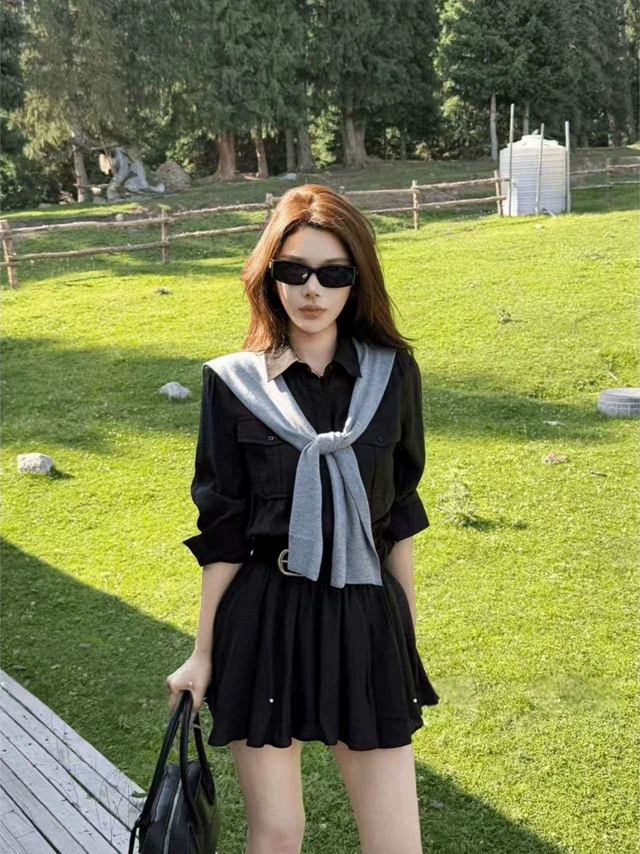 원 유안 반도 행침 바람 바 En 바람 워크웨어 패션 슬림해 보이는 드레스 벨트 포함 숄 세트 상세 이미지 5