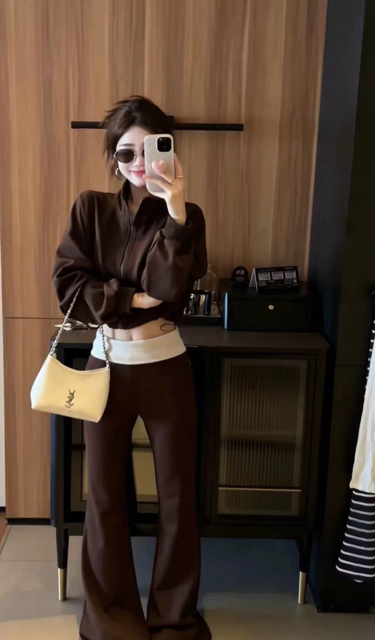 이른 가을 패션 한국 스타일 스탠드 칼라 펌프 로프 후드티 재킷 하이웨이스트 슬림해 보이는 부츠컷 바지 투피스 세트 캐주얼 세트 이미지 2