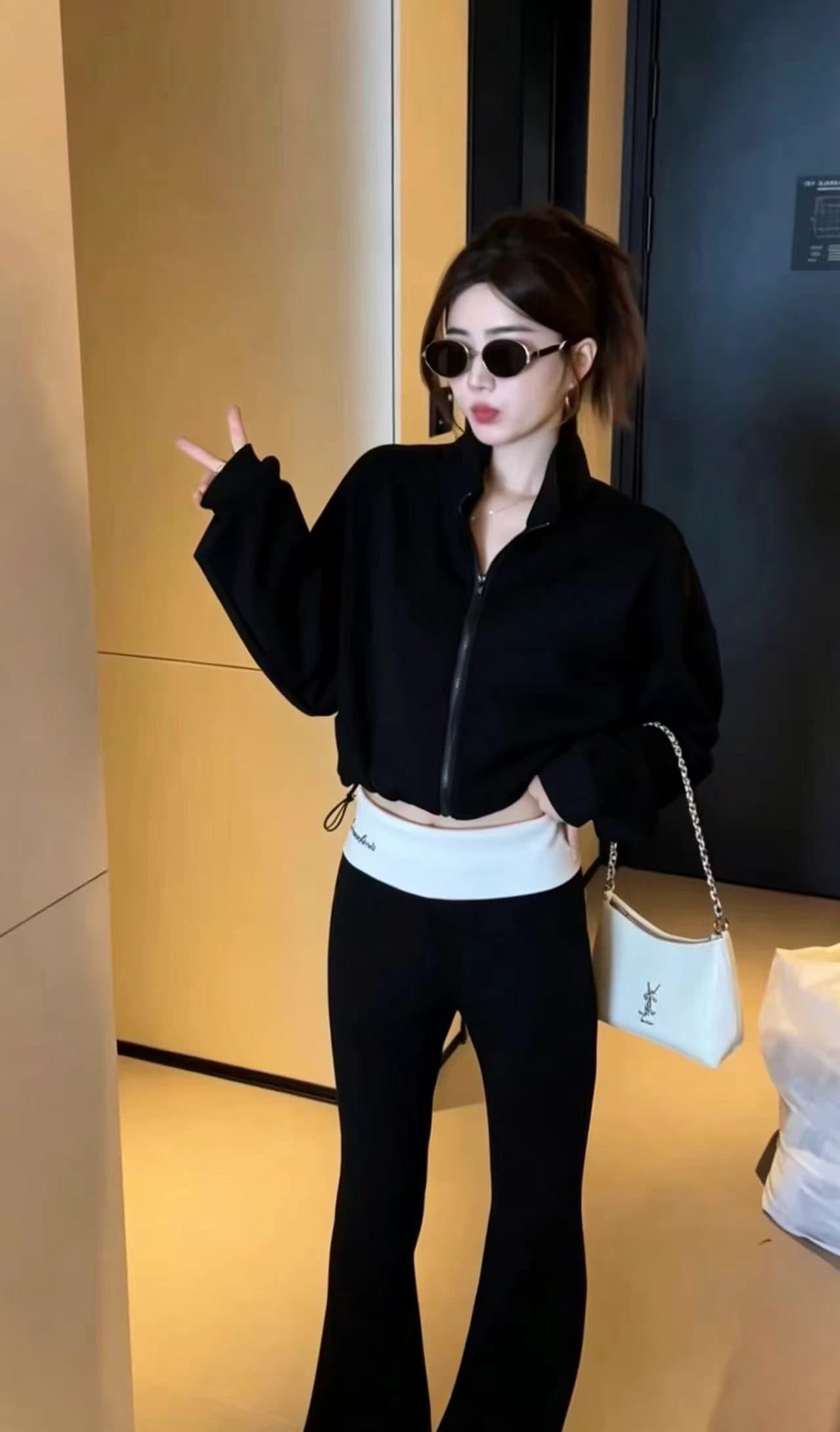 이른 가을 패션 한국 스타일 스탠드 칼라 펌프 로프 후드티 재킷 하이웨이스트 슬림해 보이는 부츠컷 바지 투피스 세트 캐주얼 세트 상세 이미지 3
