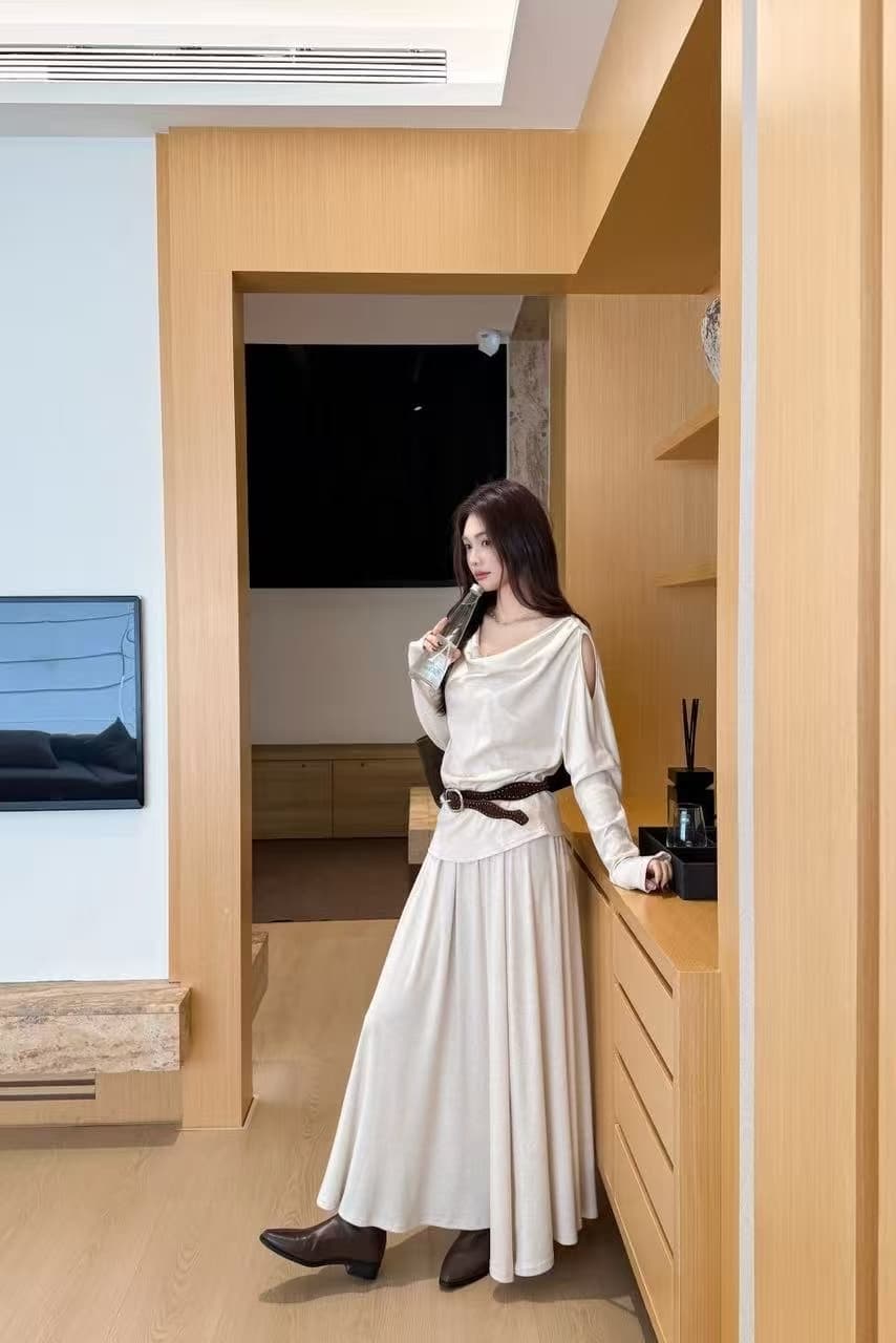 새로운 느긋한 바람 말뚝 더미 칼라 긴팔 맨위 허리밴드 끌기 반신 롱 스커트 벨트 3 세트 상세 이미지 1