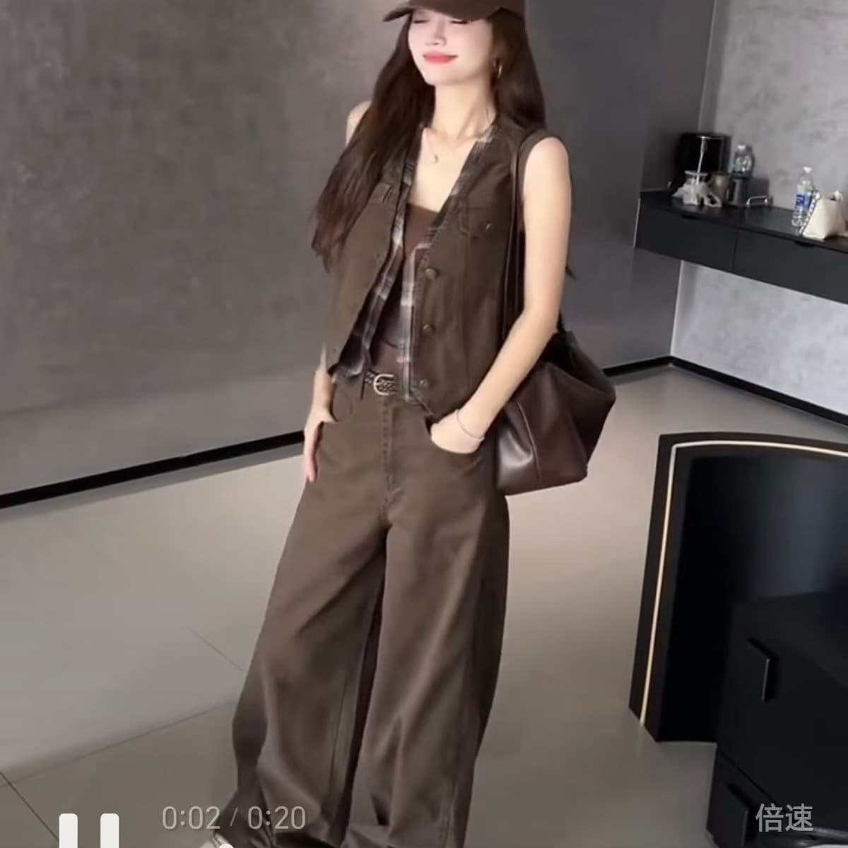 한 부서 아름다움 라드. 워크웨어 세트 둘 색상 워싱 민소매 베스트 루즈핏 와이드 레그 팬츠 작은 키 슬림해 보이는 착용 가져 가라. 이미지 5