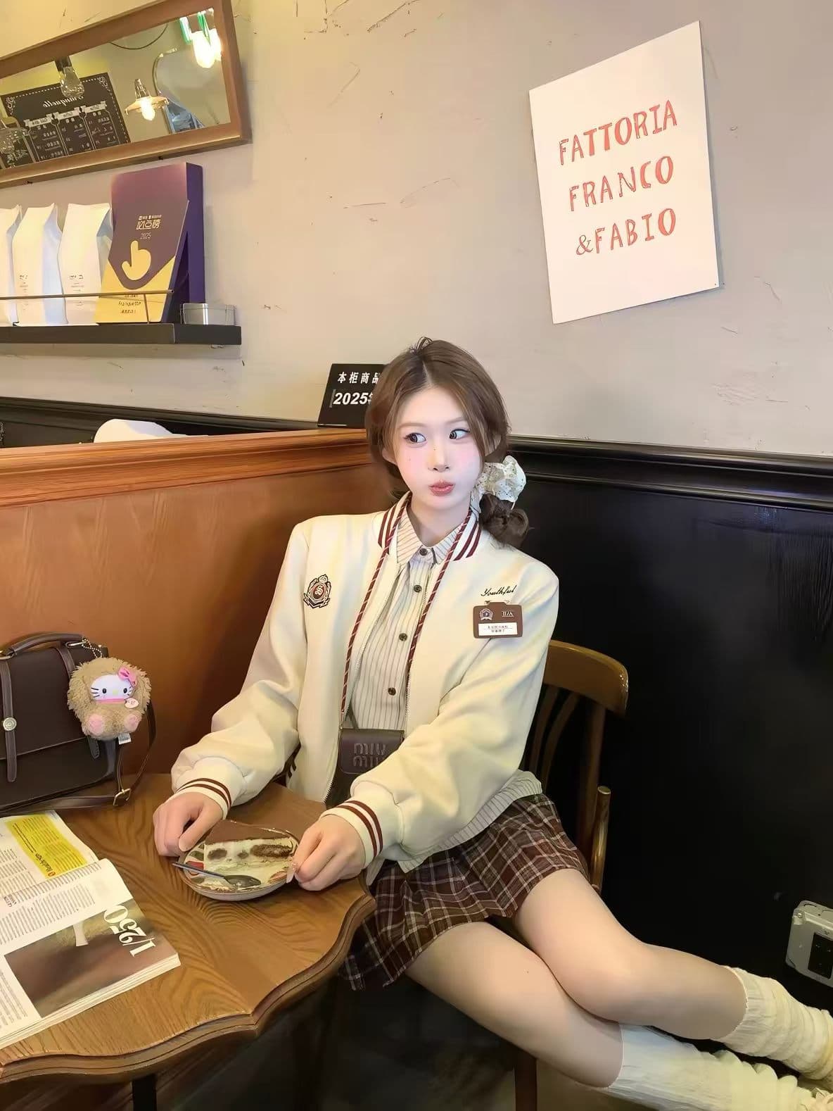 스트라이프 셔츠 야구 스타일 칼라 재킷 가을 다용도 플리츠 치마 세트