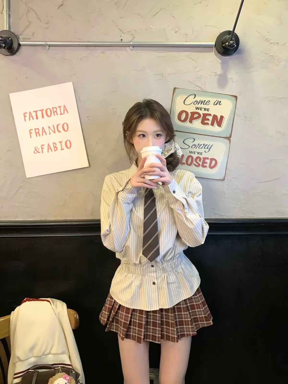 스트라이프 셔츠 야구 스타일 칼라 재킷 가을 다용도 플리츠 치마 세트 상세 이미지 3