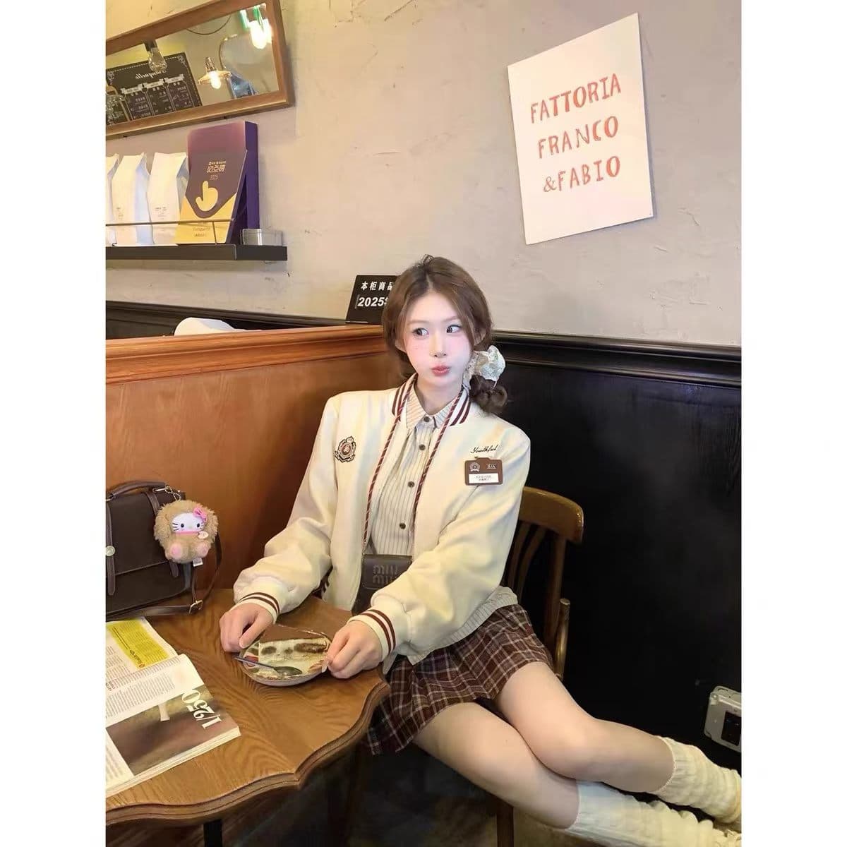 스트라이프 셔츠 야구 스타일 칼라 재킷 가을 다용도 플리츠 치마 세트 상세 이미지 4