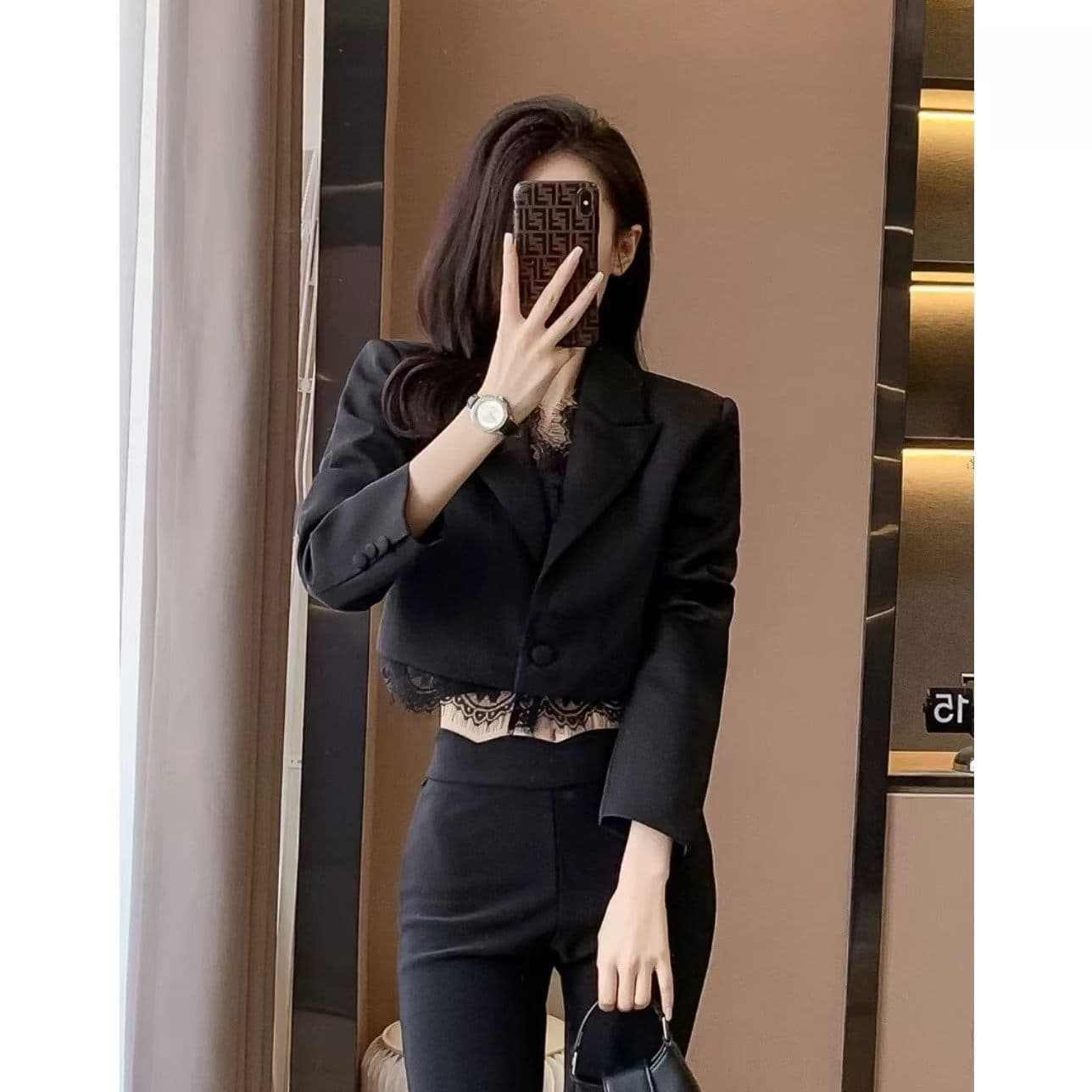 쇼트 스타일 검정색 어깨 패드 작은 양복 여성 코트 가을 명문 여성 무거운 작업 속눈썹 레이스 레이스 정장 맨위 이미지 4