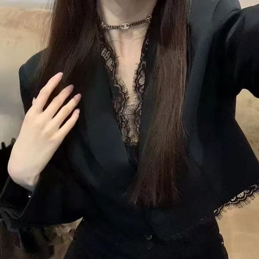 쇼트 스타일 검정색 어깨 패드 작은 양복 여성 코트 가을 명문 여성 무거운 작업 속눈썹 레이스 레이스 정장 맨위 상세 이미지 7