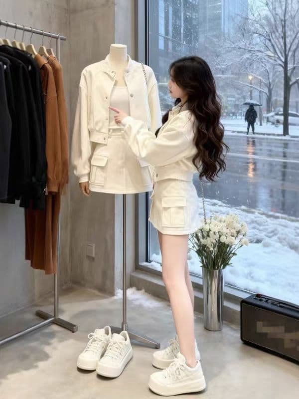 아메리칸 레트로 사선 무늬 야구 외투 반신 치마 세트 t 상세 이미지 2